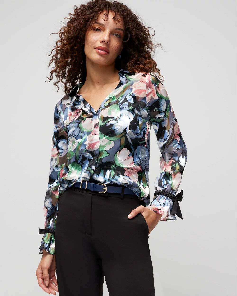 Long Sleeve Silk Burnout Shirt | White House Black Market